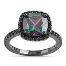 Sterling Silver Black Rhodium Cushion Cut Rainbow CZ Ring