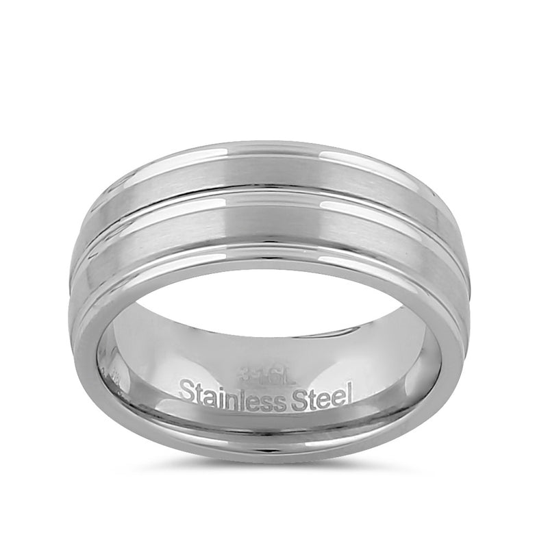 Stainless Steel Men's 8mm Brushed Polish with Grooves Wedding Band