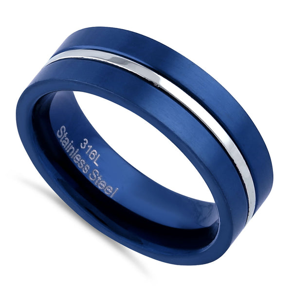 Blue Stainless Steel 6.5mm Satin Finish Striped Band Ring