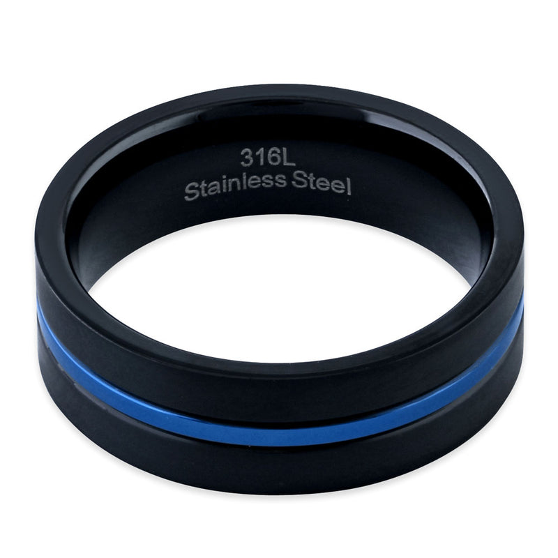 Black Stainless Steel 6.5mm Satin Finish Blue Striped Band Ring