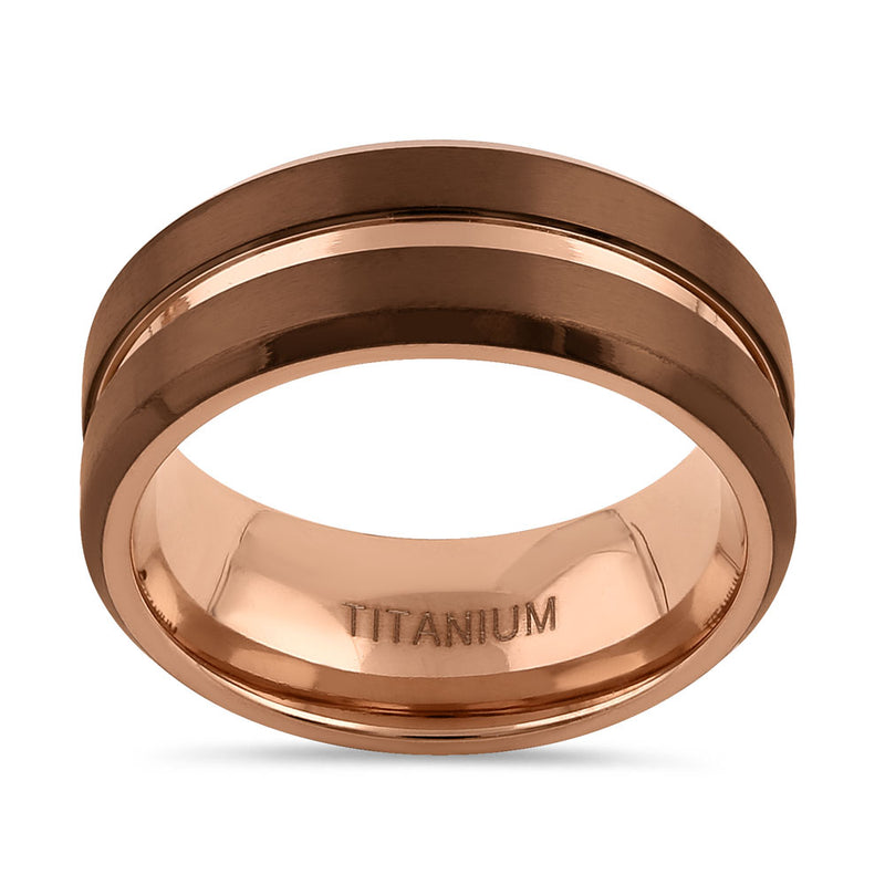 Titanium Coffee and Rose Gold 8mm Brushed with Stripe Band Ring