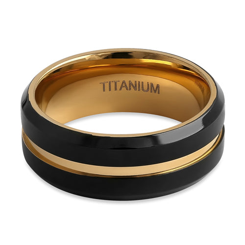 Titanium Black and Yellow Gold 8mm Brushed with Stripe Band Ring