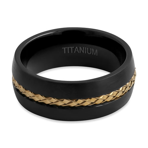 Titanium Black with Yellow Gold Steel Cable 8mm Band Ring