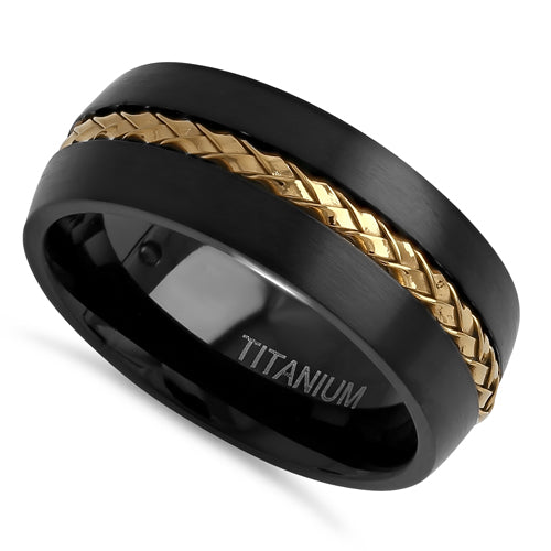 Titanium Black with Yellow Gold Steel Cable 8mm Band Ring