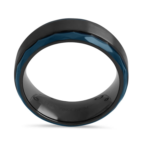 Black Zirconium 8mm Brushed Band with Blue Hammered Edges Band Ring