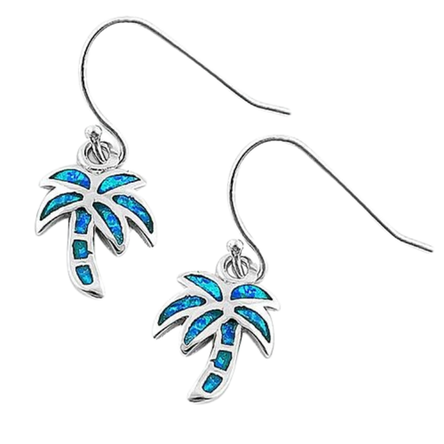 Sterling Silver Lab Opal Palm Tree Dangle Earrings