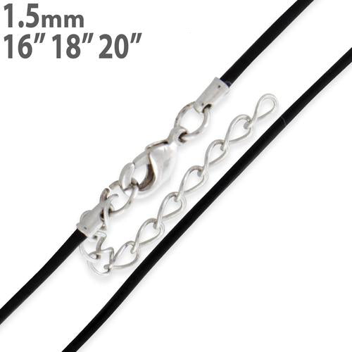 1.5mm Black Leather Cord Chain & Sterling Silver Clasp Necklace