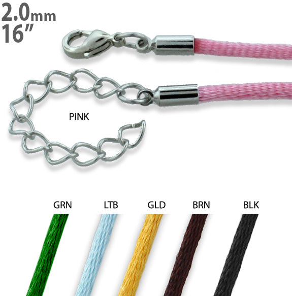 16" 2mm Silk Cord Necklace w/ Stainless Steel Clasp Adj to 18"