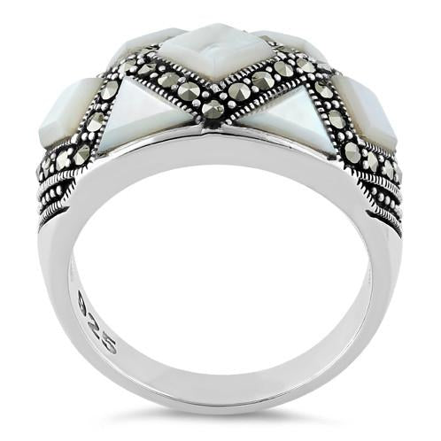 Sterling Silver Mother of Pearl Pattern Marcasite Ring