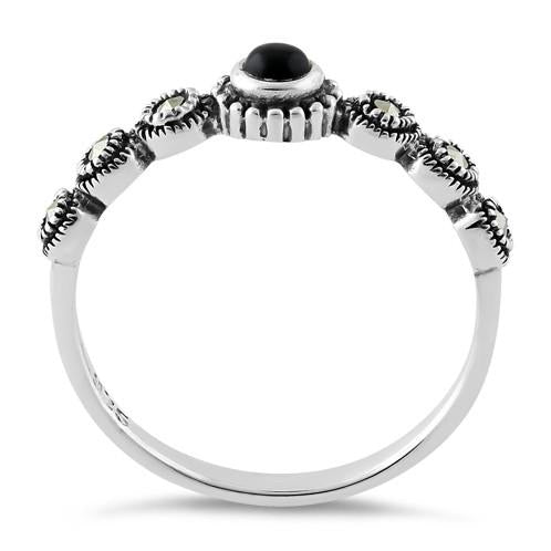 Sterling Silver Small Round Black Onyx Marcasite Ring