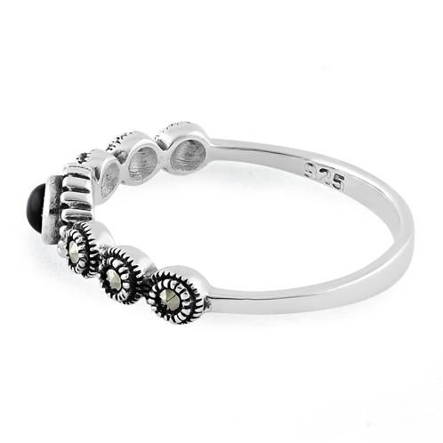 Sterling Silver Small Round Black Onyx Marcasite Ring