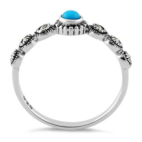 Sterling Silver Small Round Simulated Turquoise Marcasite Ring