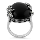 Sterling Silver Big Oval Black Onyx Floral Marcasite Ring