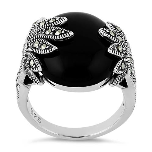 Sterling Silver Big Round Black Onyx Floral Marcasite Ring