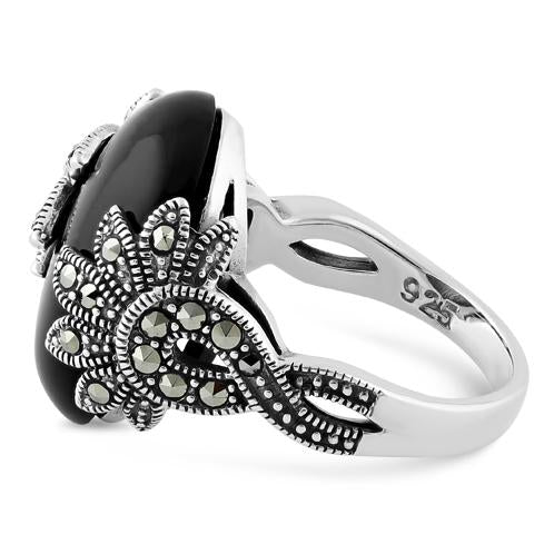 Sterling Silver Big Round Black Onyx Floral Marcasite Ring