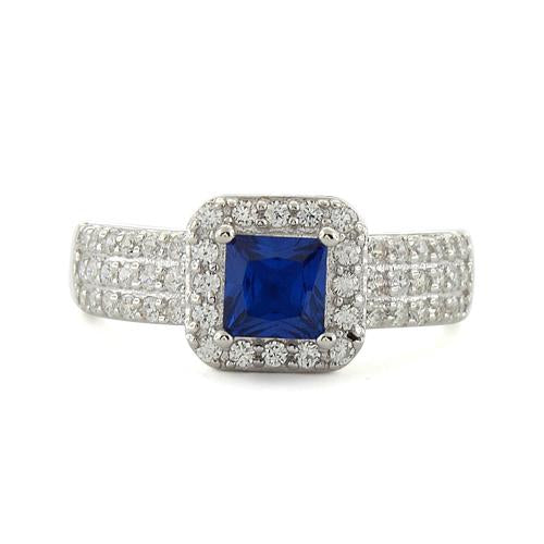 Sterling Silver Blue Sapphire Princess Cut Pave CZ Ring