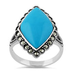 Sterling Silver Simulated Turquoise  Diamond Shape Marcasite Ring