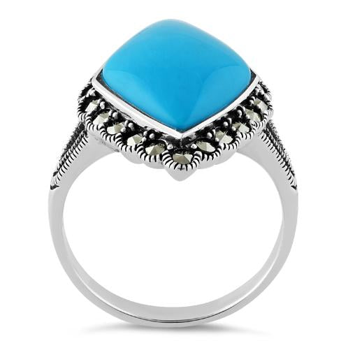 Sterling Silver Simulated Turquoise  Diamond Shape Marcasite Ring