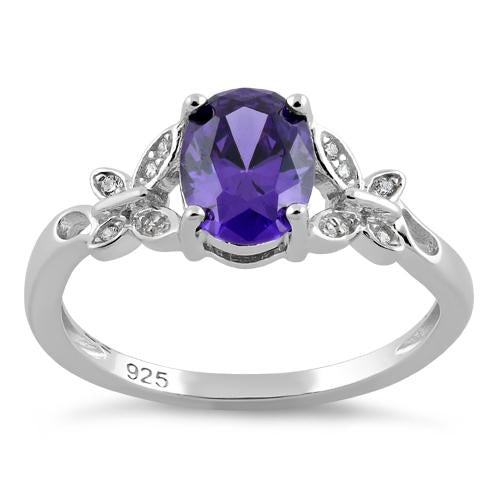 Sterling Silver Double Butterfly Amethyst Center Stone CZ Ring