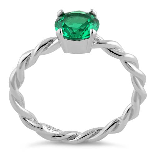 Sterling Silver Emerald Twisted Band CZ Ring