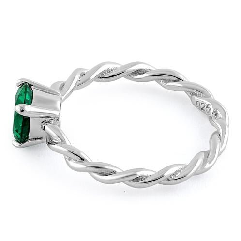 Sterling Silver Emerald Twisted Band CZ Ring