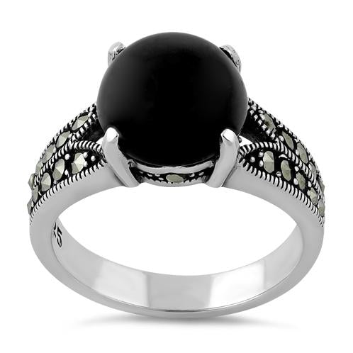 Sterling Silver Round Black Onyx Marcasite Ring