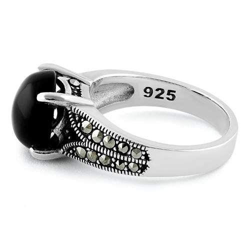 Sterling Silver Round Black Onyx Marcasite Ring