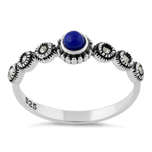 Sterling Silver Small Round Blue Lapis Marcasite Ring