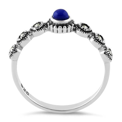 Sterling Silver Small Round Blue Lapis Marcasite Ring