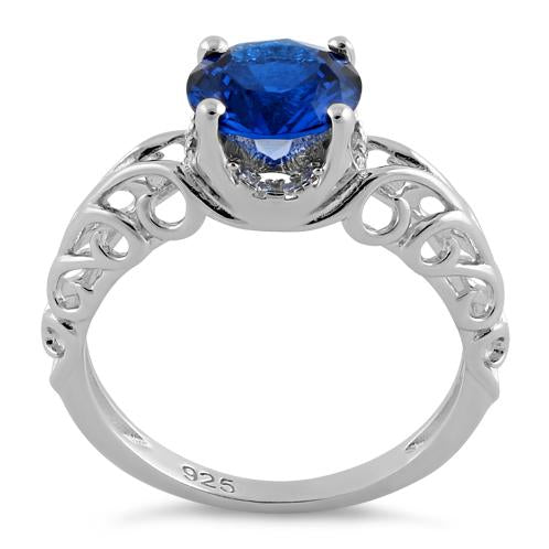 Sterling Silver Swirl Design Blue Spinel and Clear CZ Ring