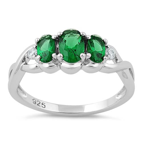 Sterling Silver Triple Oval Emerald CZ Ring