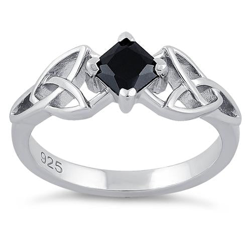 Sterling Silver Celtic Princess Cut Black CZ Ring