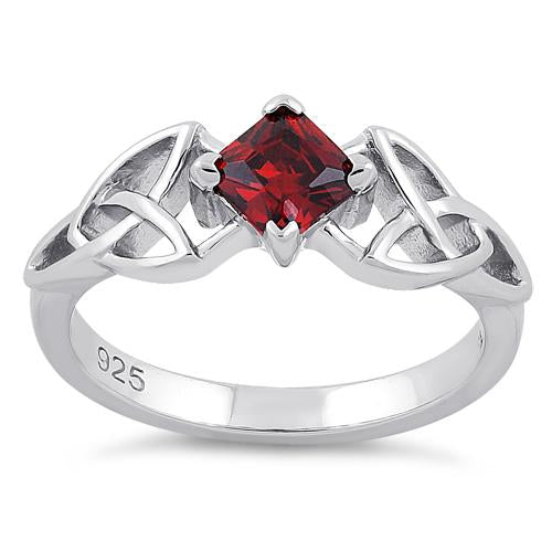 Sterling Silver Celtic Princess Cut Garnet CZ Ring