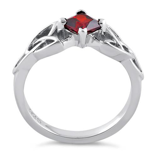 Sterling Silver Celtic Princess Cut Garnet CZ Ring