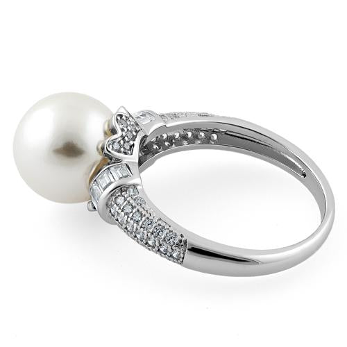 Sterling Silver Queen Crown Synthetic Pearl CZ Ring
