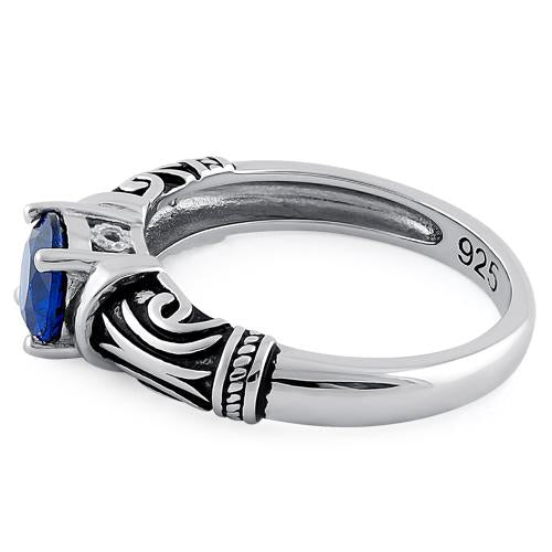 Sterling Silver Tribal Round Cut Blue Spinel CZ Ring