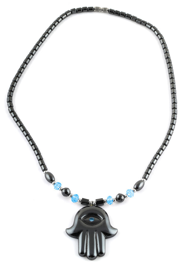 18" Hamsa Blue CZ Hematite Necklace