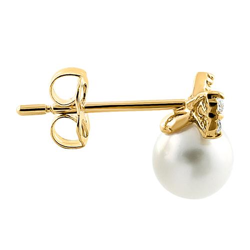 Solid 14K Yellow Gold Bow & Fresh Water Pearl Clear CZ Earrings