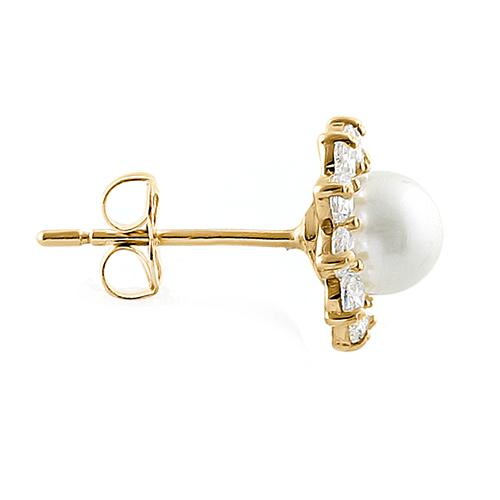 Solid 14K Yellow Gold Pearl Clear CZ Earrings