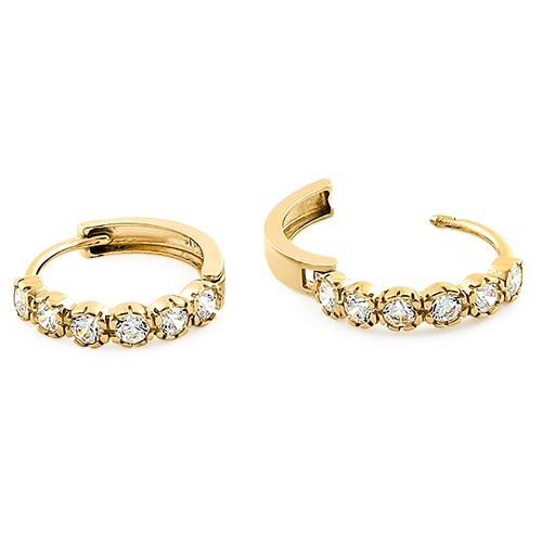 Solid 14K Yellow Gold Round CZ Hoop Earrings