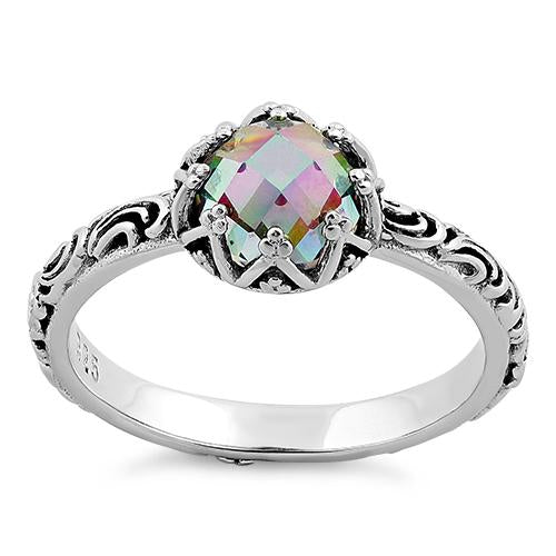 Sterling Silver Floral Rainbow Topaz CZ Ring