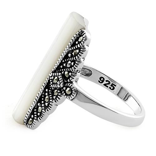 Sterling Silver Mother of Pearl Tall Marcasite Ring