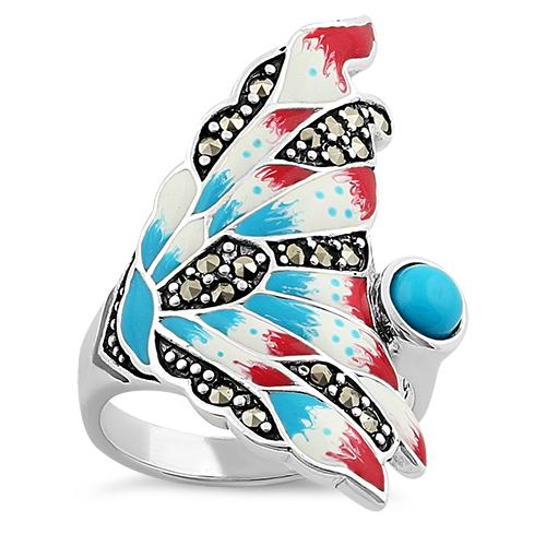 Sterling Silver Simulated Turquoise Enamel Angel Fish Design Marcasite Ring