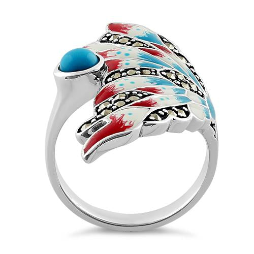 Sterling Silver Simulated Turquoise Enamel Angel Fish Design Marcasite Ring