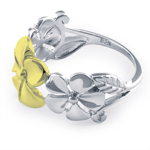Sterling Silver Two Tone Gold Plated Triple Plumeria Ring