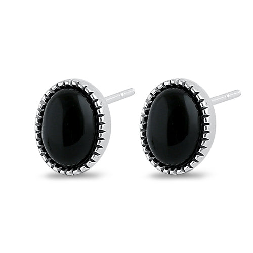 Sterling Silver Black Agate Oval Stone Earrings
