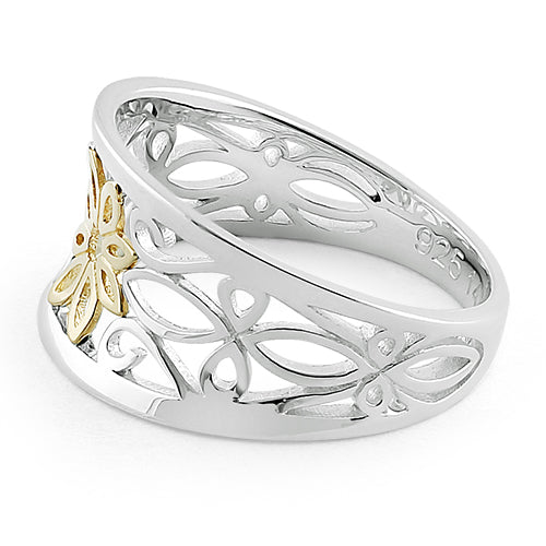 Solid 14K Yellow Gold & Sterling Silver Filigree Flower Ring