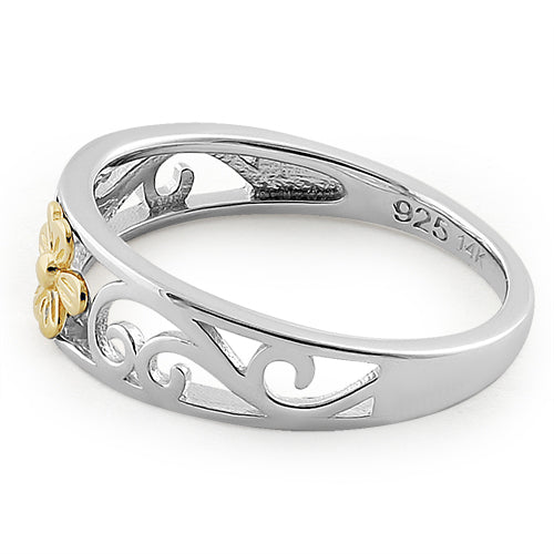 Solid 14K Yellow Gold & Sterling Silver Flower Ring