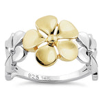 Solid 14K Yellow Gold & Sterling Silver Triple Plumeria Ring