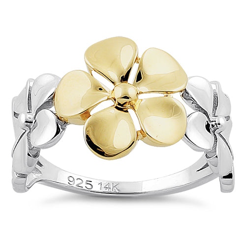 Solid 14K Yellow Gold & Sterling Silver Triple Plumeria Ring